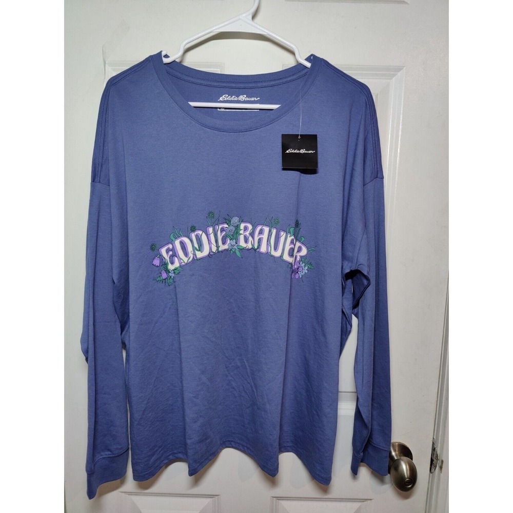 Eddie Bauer‎ Purple White Floral Graphic Long Sleeve Slouchy T-Shirt XL NWT